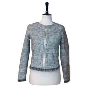 Banana Republic Women's White Black Tweed Fringe Short Zip Front Blazer Size 0